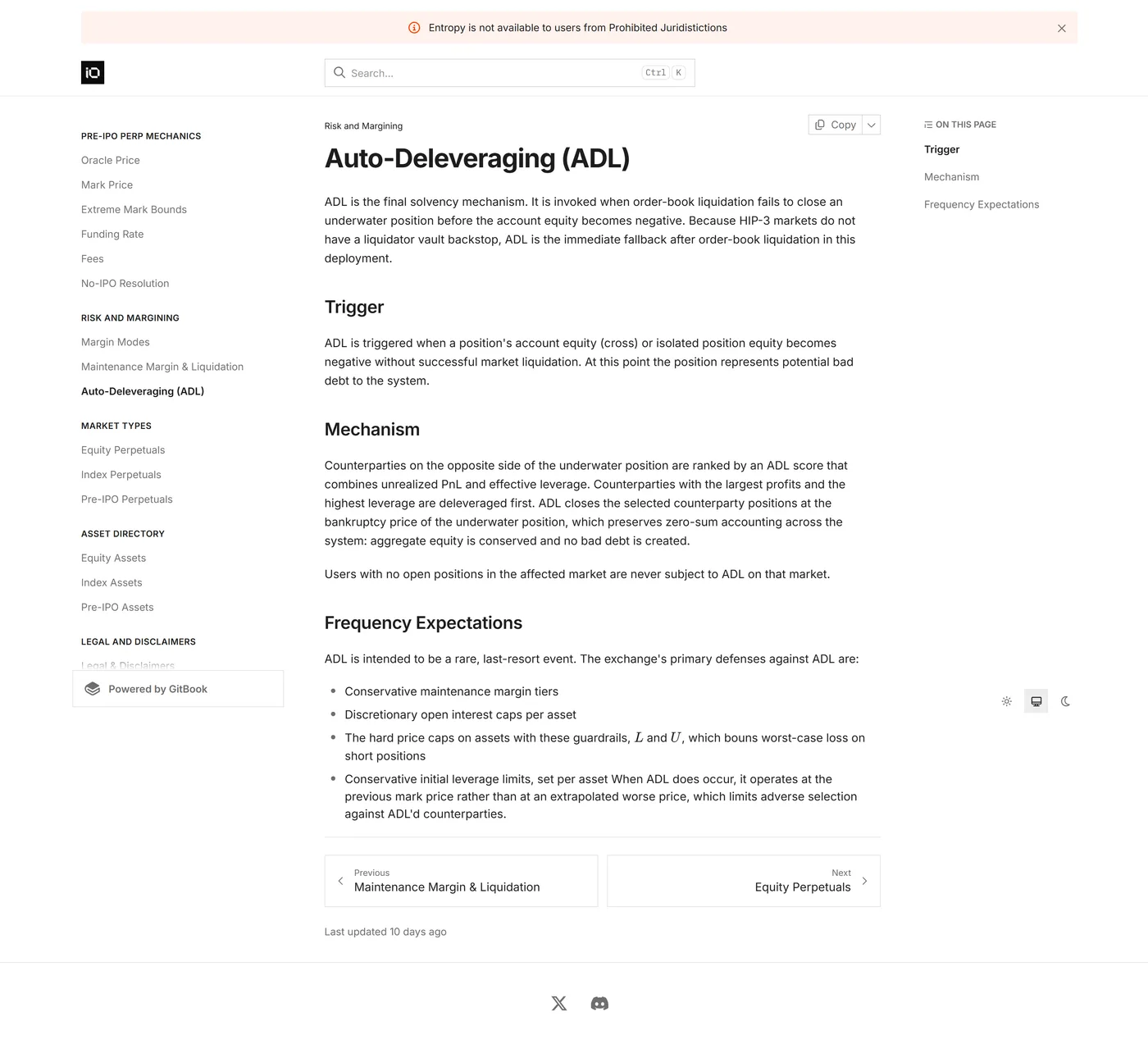 Entropy's documentation stating that HIP-3 markets have no liquidator vault backstop and that ADL cannot be opted out of