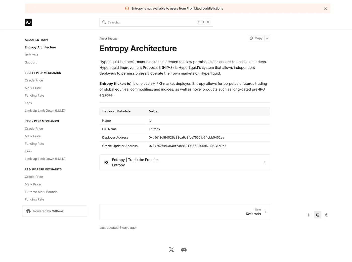 Entropy's documentation describing itself as one such HIP-3 market deployer on Hyperliquid