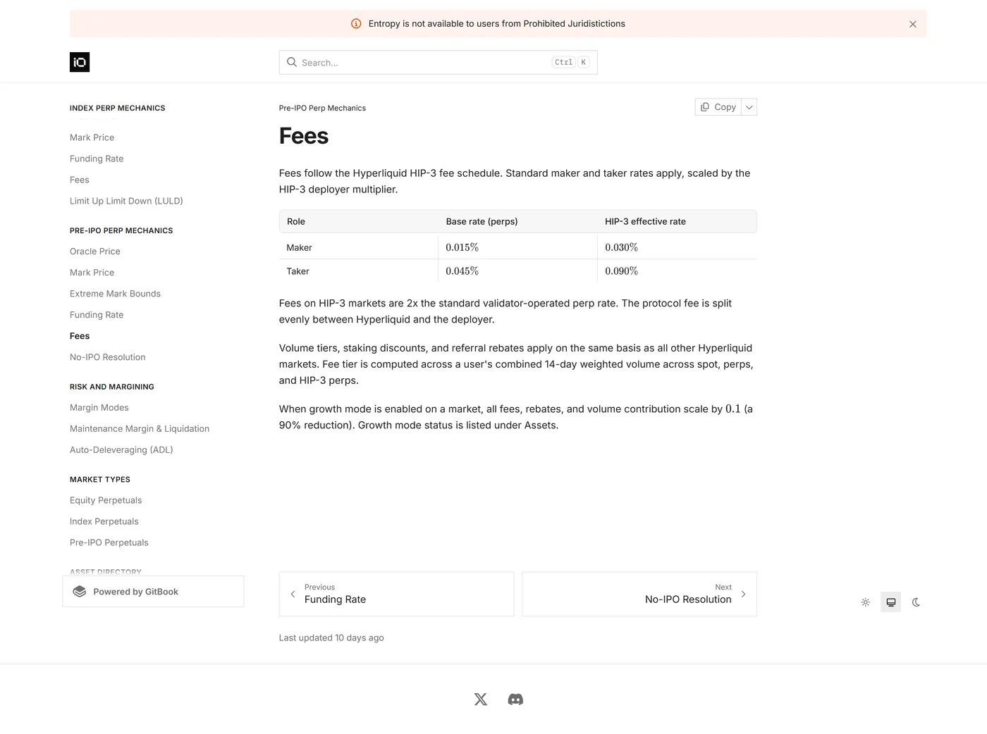 Entropy's fee documentation showing the 2x HIP-3 rate, the even split with Hyperliquid, and the growth mode sentence