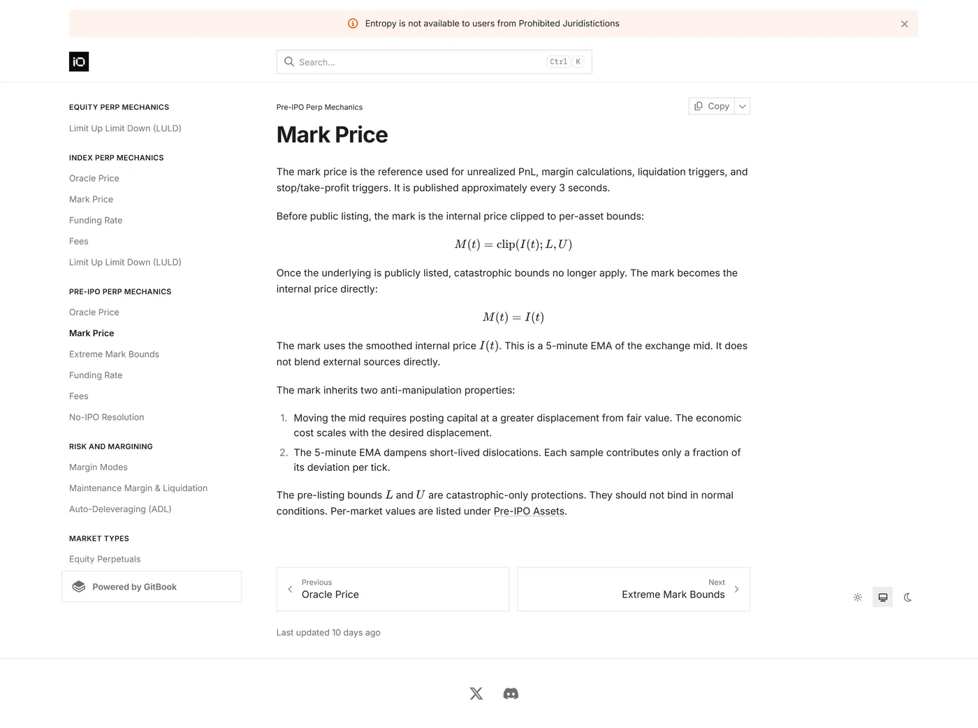 Entropy's documentation showing the pre-IPO mark price formula as a clipped internal EMA rather than an external blend