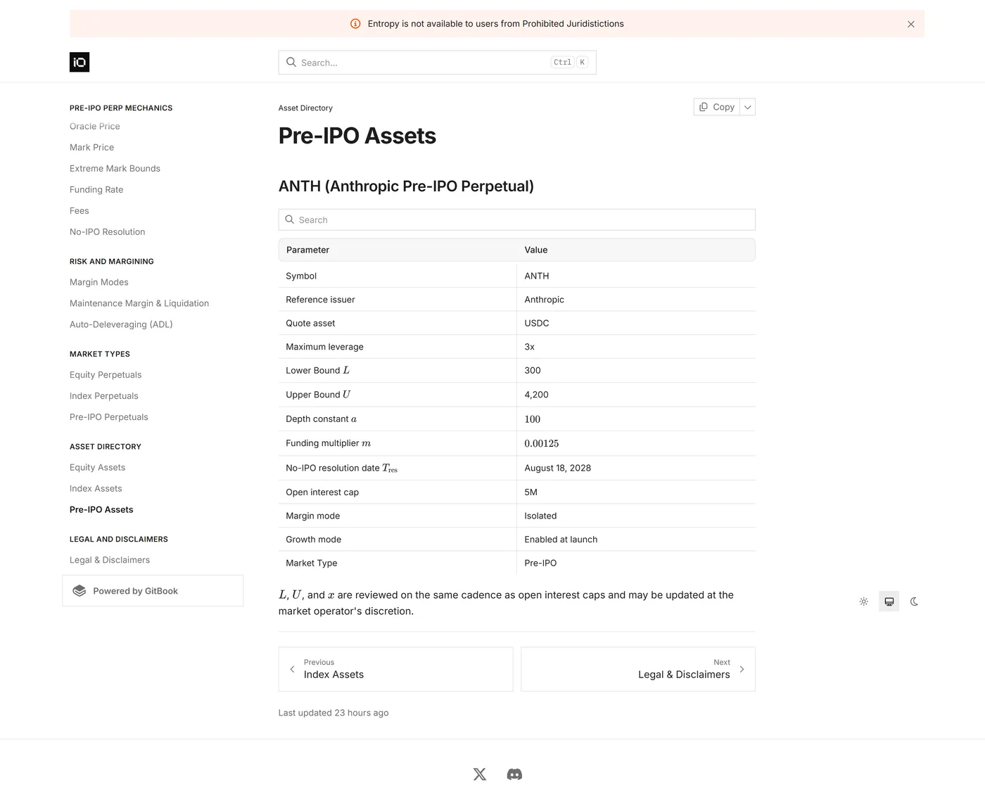 Entropy's documentation page listing the io:ANTH pre-IPO asset parameters, including maximum leverage, extreme mark bounds, funding multiplier and the growth mode flag