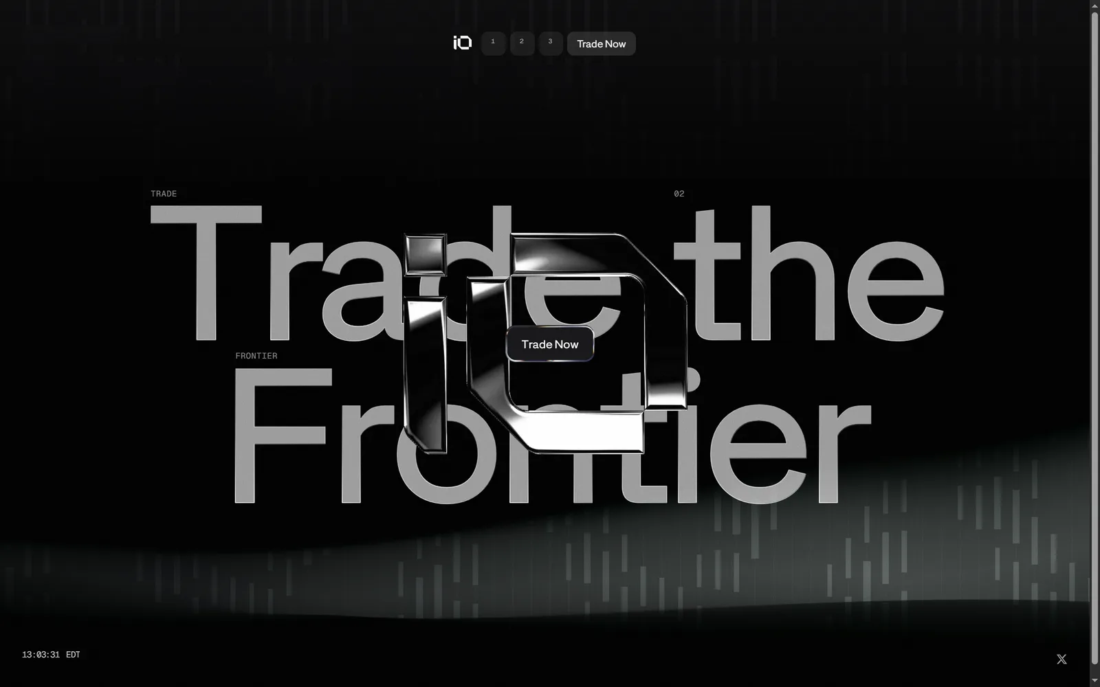 The entropy.io landing page with its chrome iO mark and the tagline Trade the Frontier