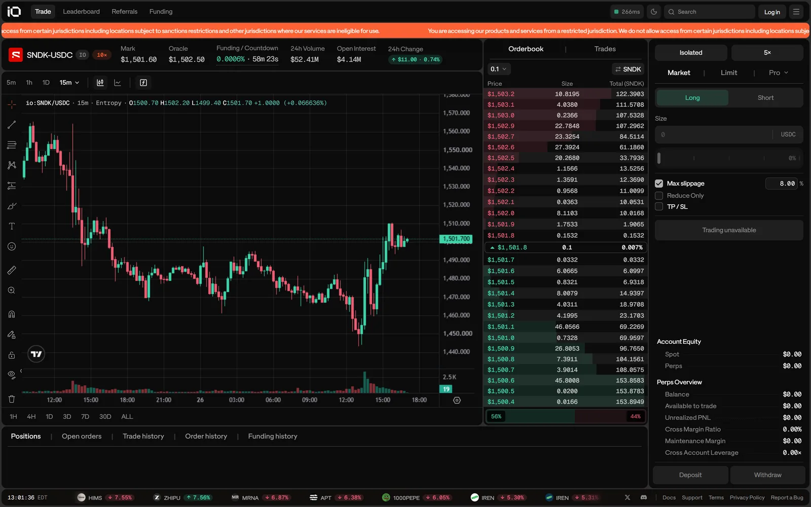 The io:SNDK terminal on Entropy showing the SanDisk perp order book, chart and the 10x leverage badge.